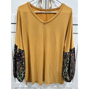 Paisley‎ Sleeve Top, V Neck, Women's Mustard Yellow Blouse